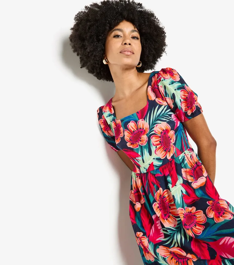 Women's Red Floral Square Neck Mini Dress