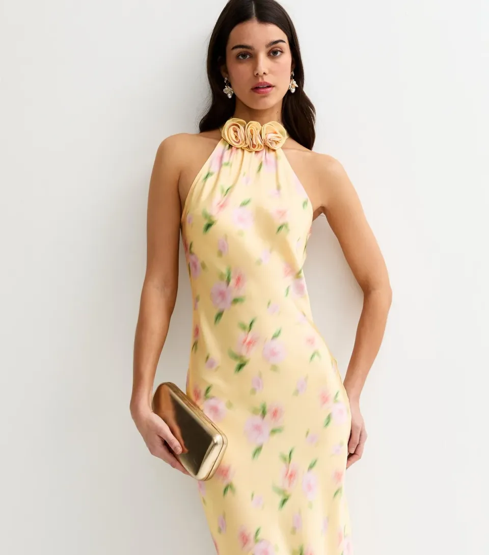 Women's Yellow Blurred Floral Halter Neck Midi Dress