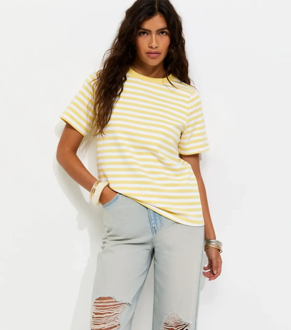Women's Premium Light Yellow Cotton Striped Relaxed T-Shirt