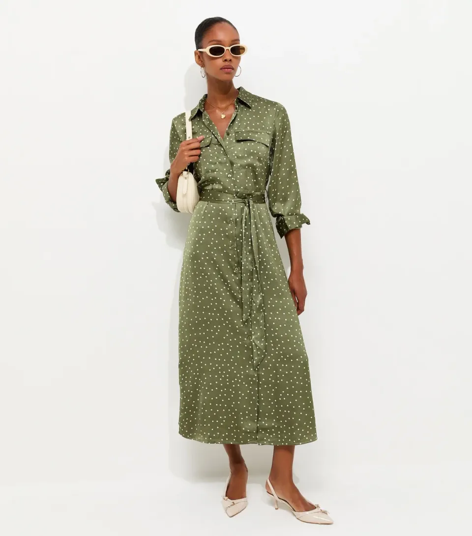 Women's Green Satin Polka Dot Midi Shirt Dress