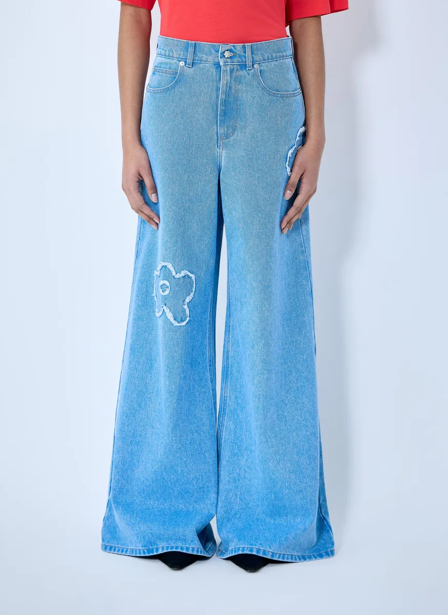 Denim Jeans With Flower Motif