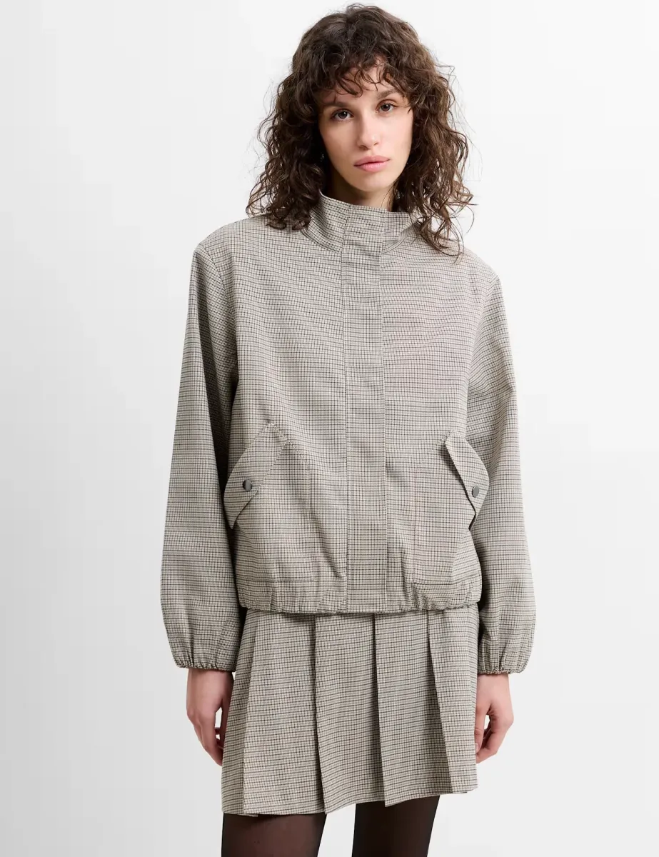 Checked Funnel Neck Bomber Jacket Beige Mix