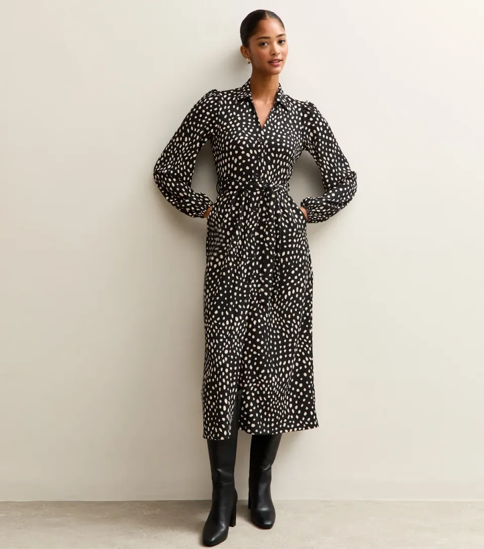 Women's Black Crinkled Spotty Print Shirt Dress