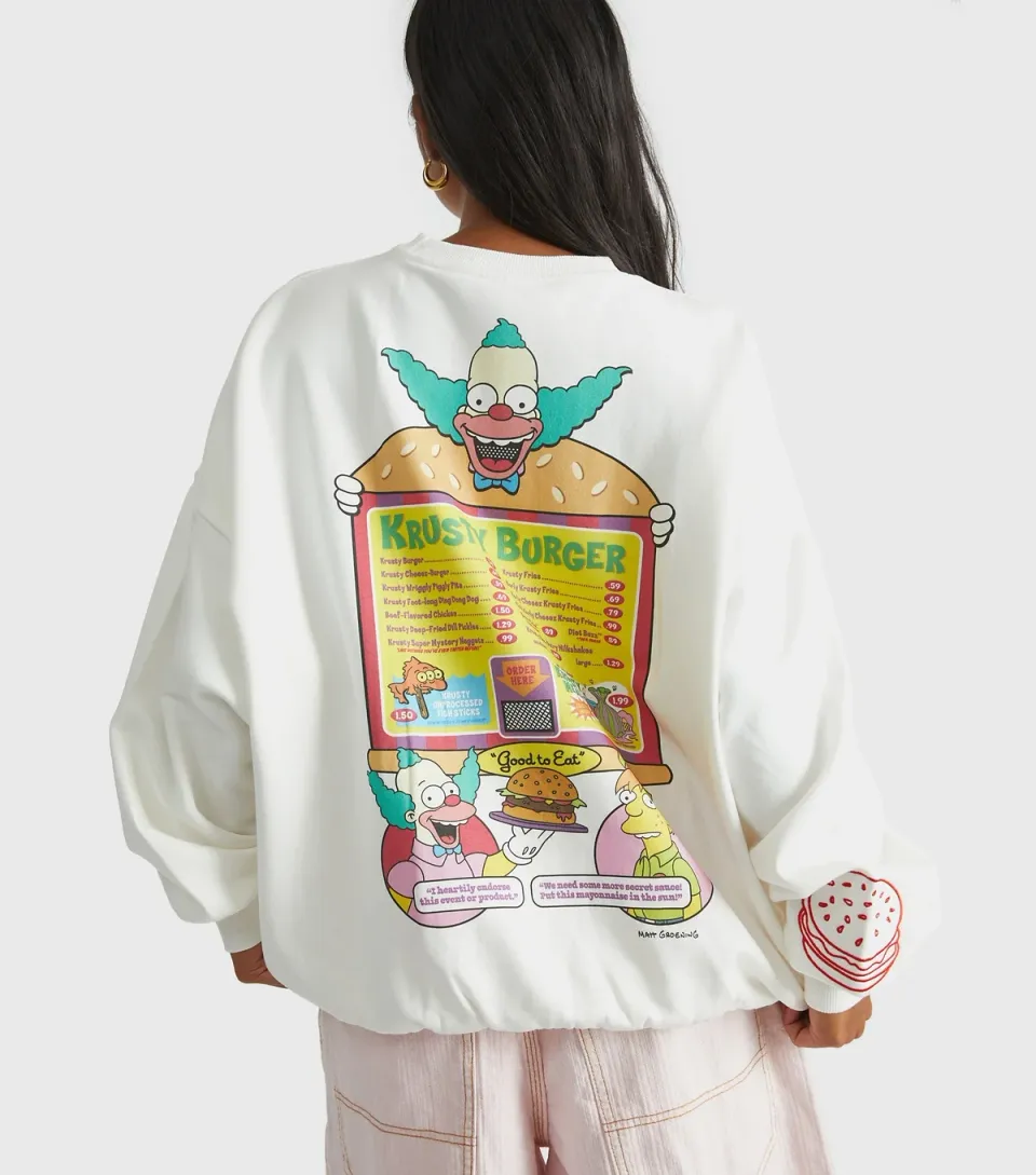 Women's White The Simpsons Krusty Burger Print Sweatshirt