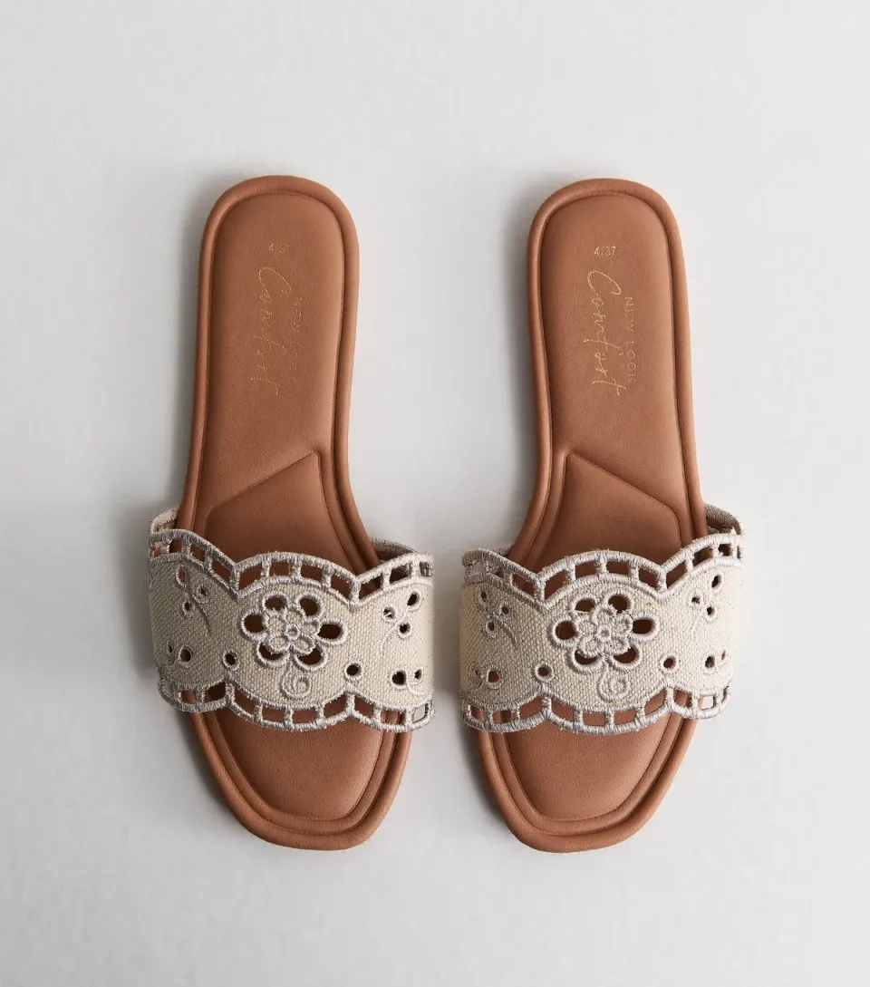 Women's Off White Floral Broderie Anglaise Flat Mule Sandals Vegan