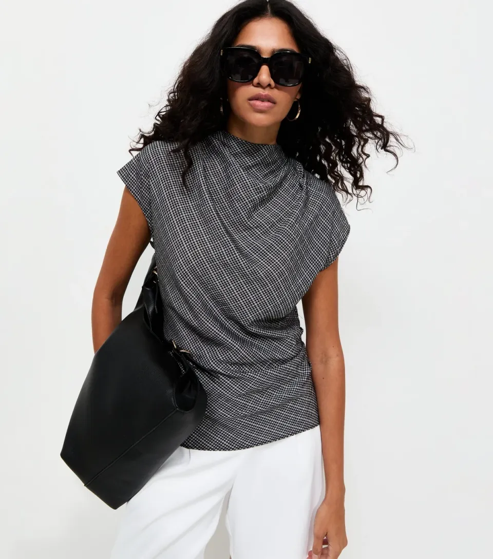 Women's Grey Woven Check Pattern Cowl Neck Cap Sleeve Top