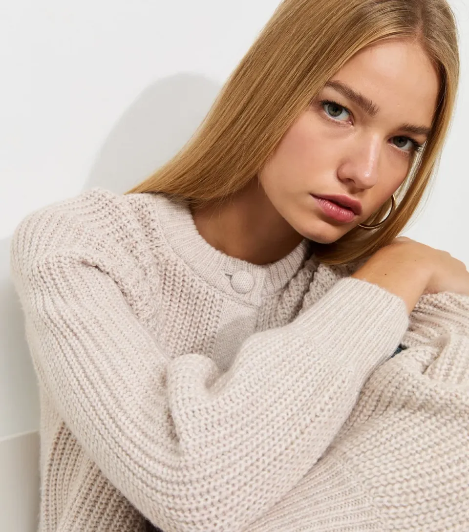 Women's Oatmeal Rib Raglan Crew Neck Cardigan