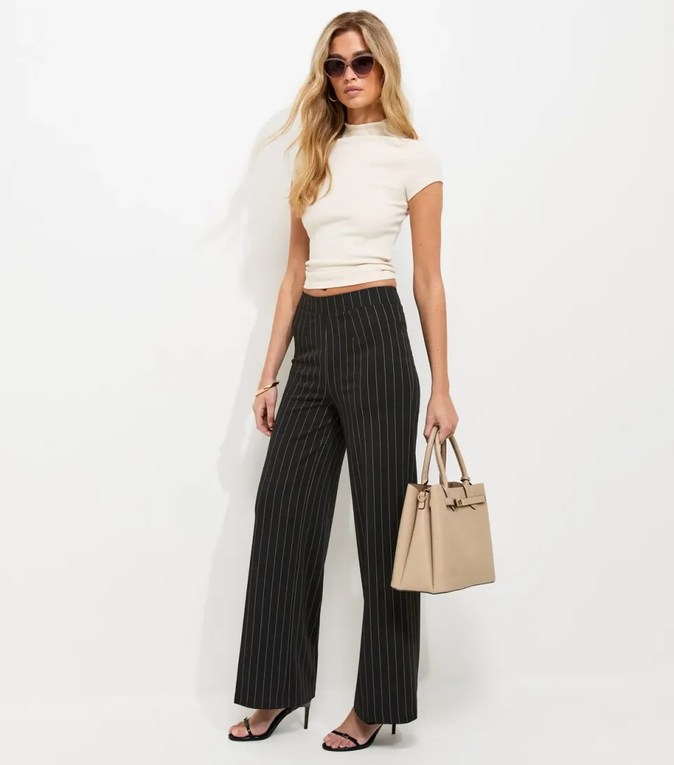 Women's Tall Black Striped Wide Leg Trousers