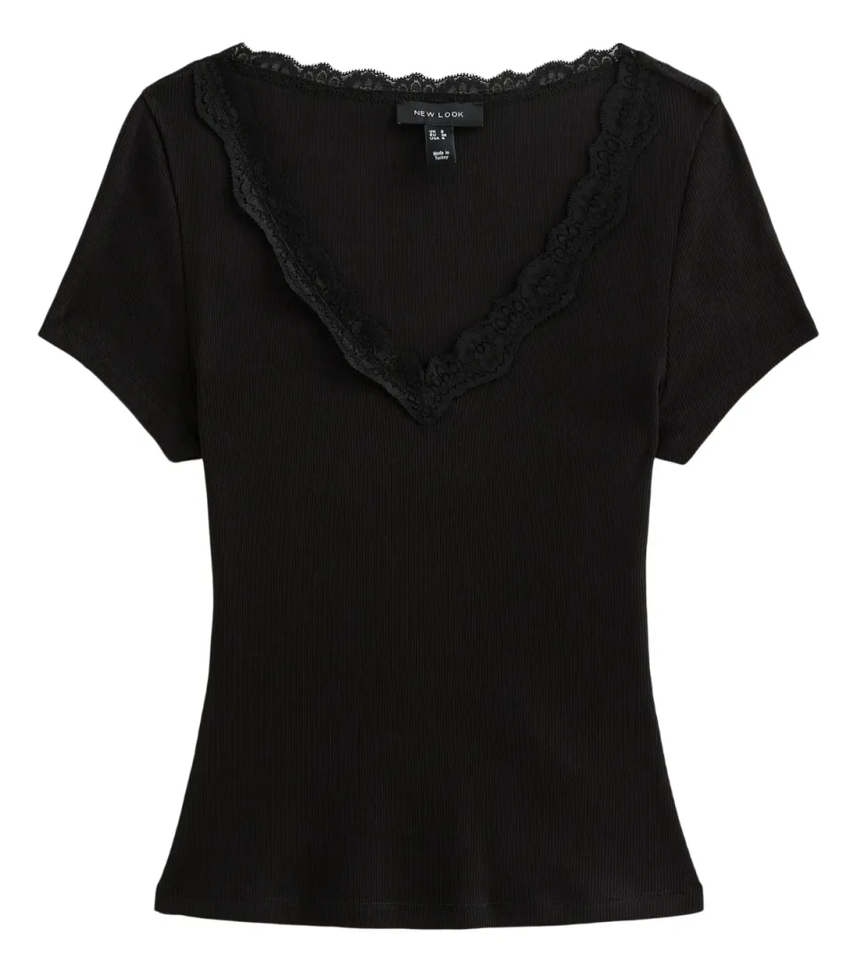 Women's Black Cotton Rich Ribbed Lace Trim V Neck T-Shirt