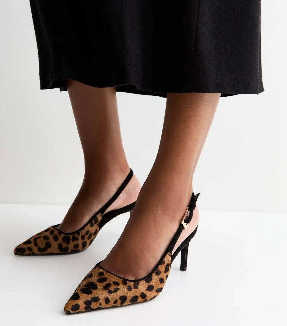 Women's Premium Real Leather Brown Leopard Print Slingback Court Shoes