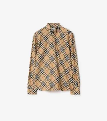 Relaxed Fit Check Cotton Flannel Shirt in Sand beige