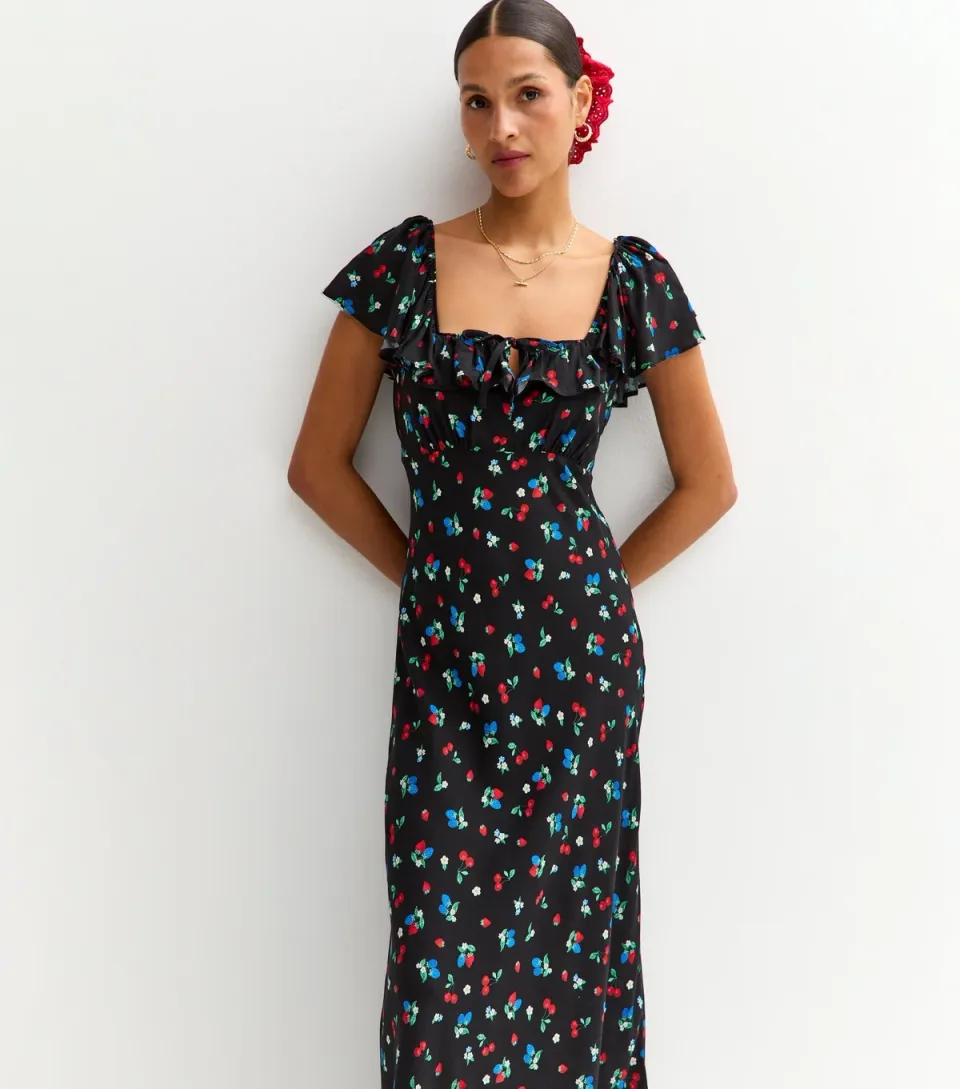 Women's Black Fruit and Floral Print Square Neck Midi Dress