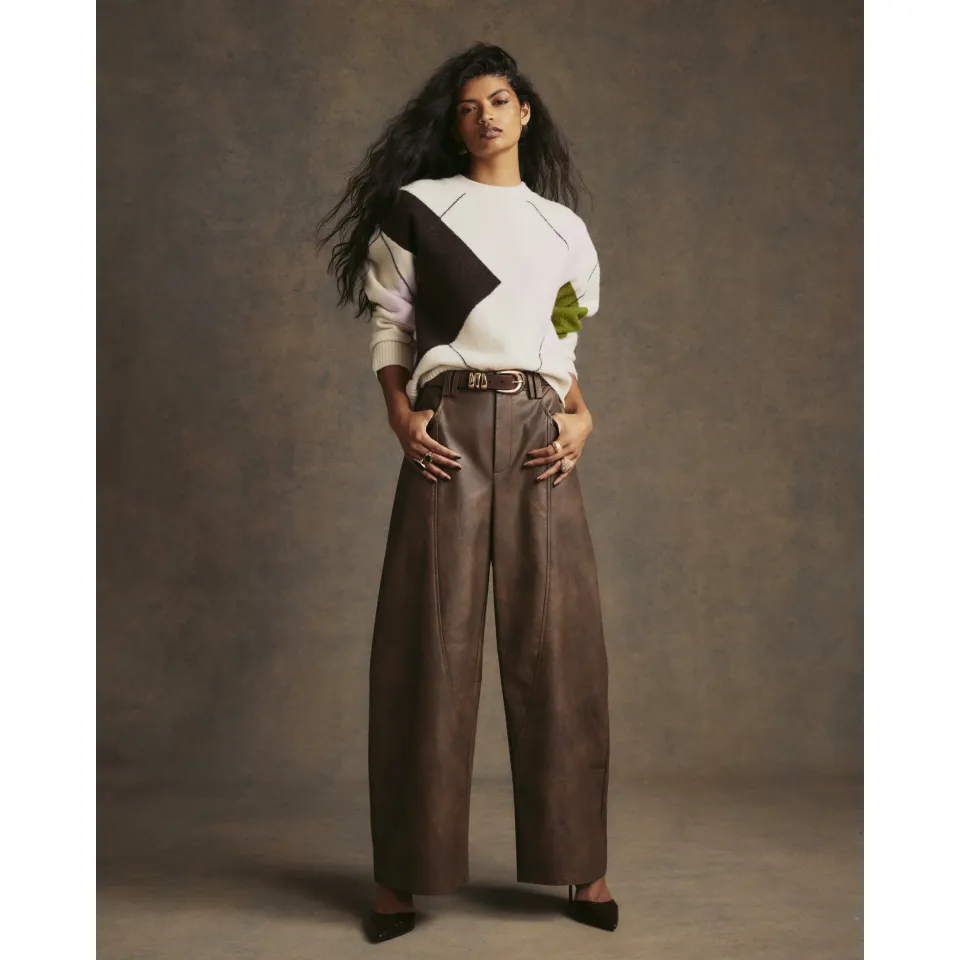 Faux Leather Seamed Barrel Leg Trousers