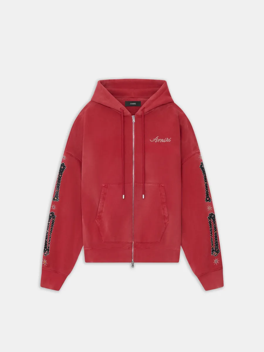 BONES STUDDED OVERSIZED ZIP HOODIE - Red Rose