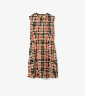 Check Wool Blend Bouclé Dress in Sand beige