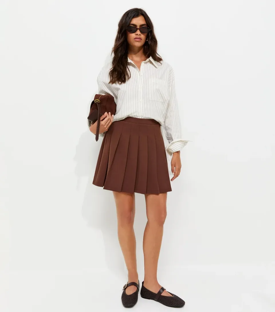 Women's Dark Brown Ponte Knife Pleat Mini Skirt