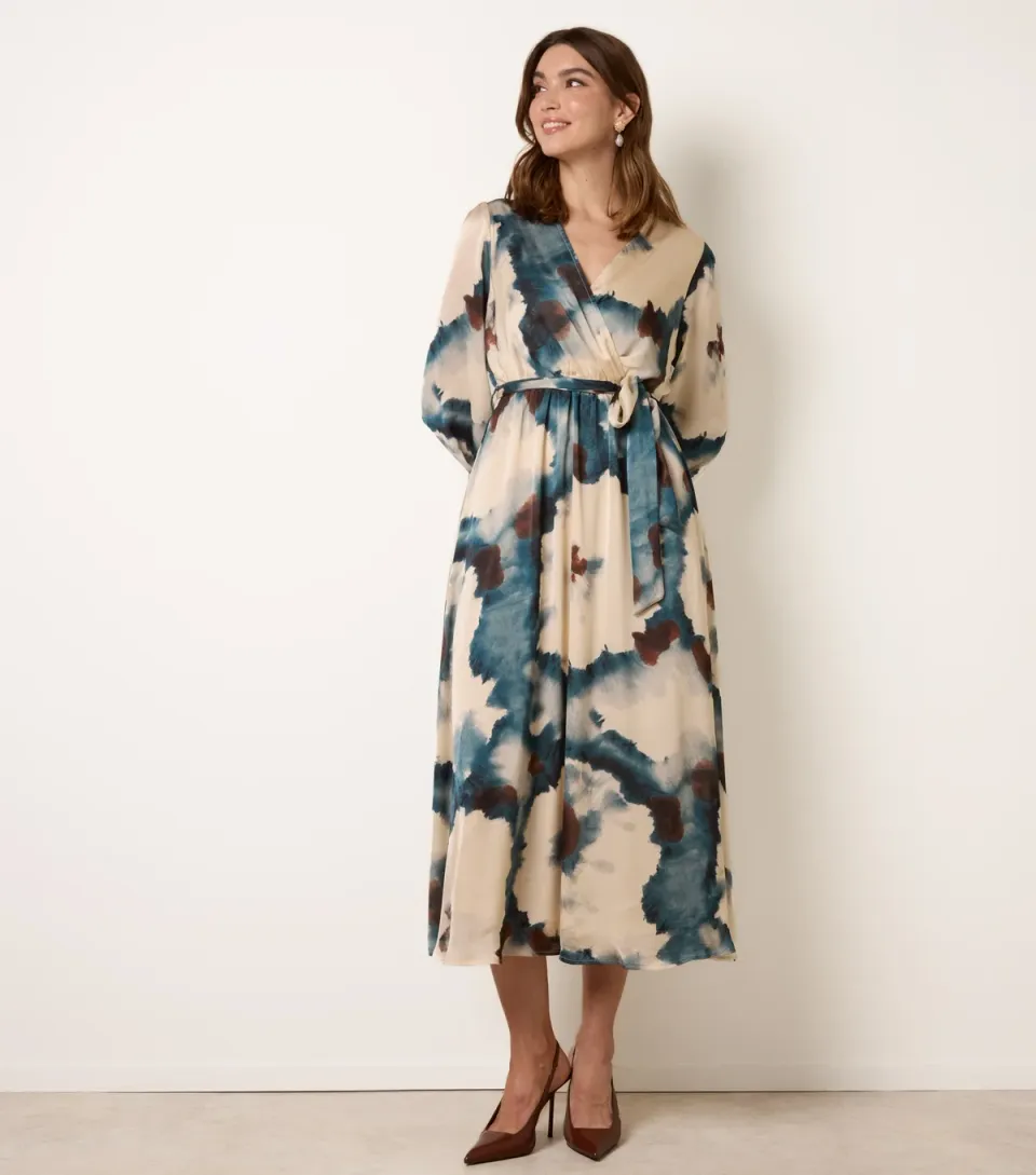 Women's Blue Pattern Wrap Midi Dress