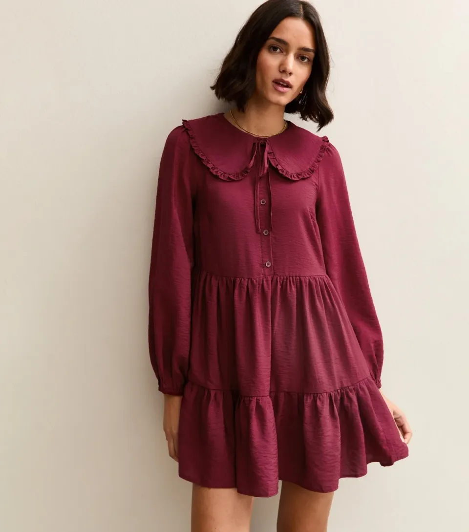 Women's Dark Burgundy Collared Long Sleeve Mini Dress