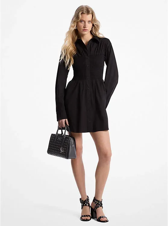 Stretch Cotton Poplin Smocked Shirtdress