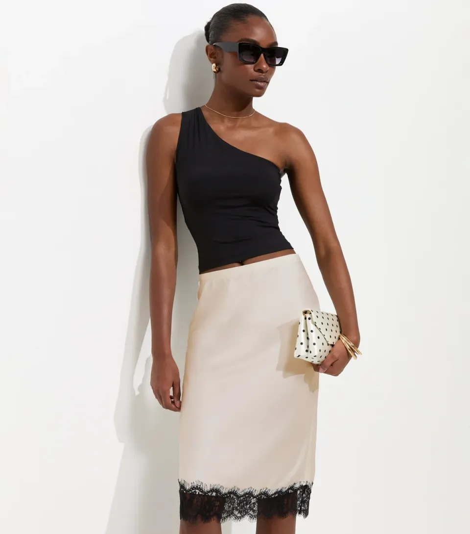 Women's Cream Satin Lace Hem Midi Skirt