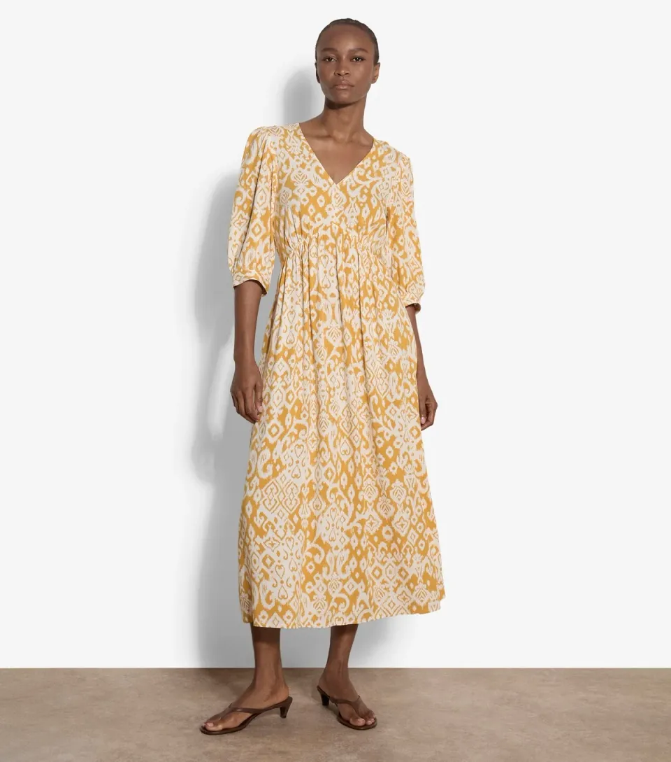 Women's Yellow Abstract Print Cropped Sleeve Midi Dress