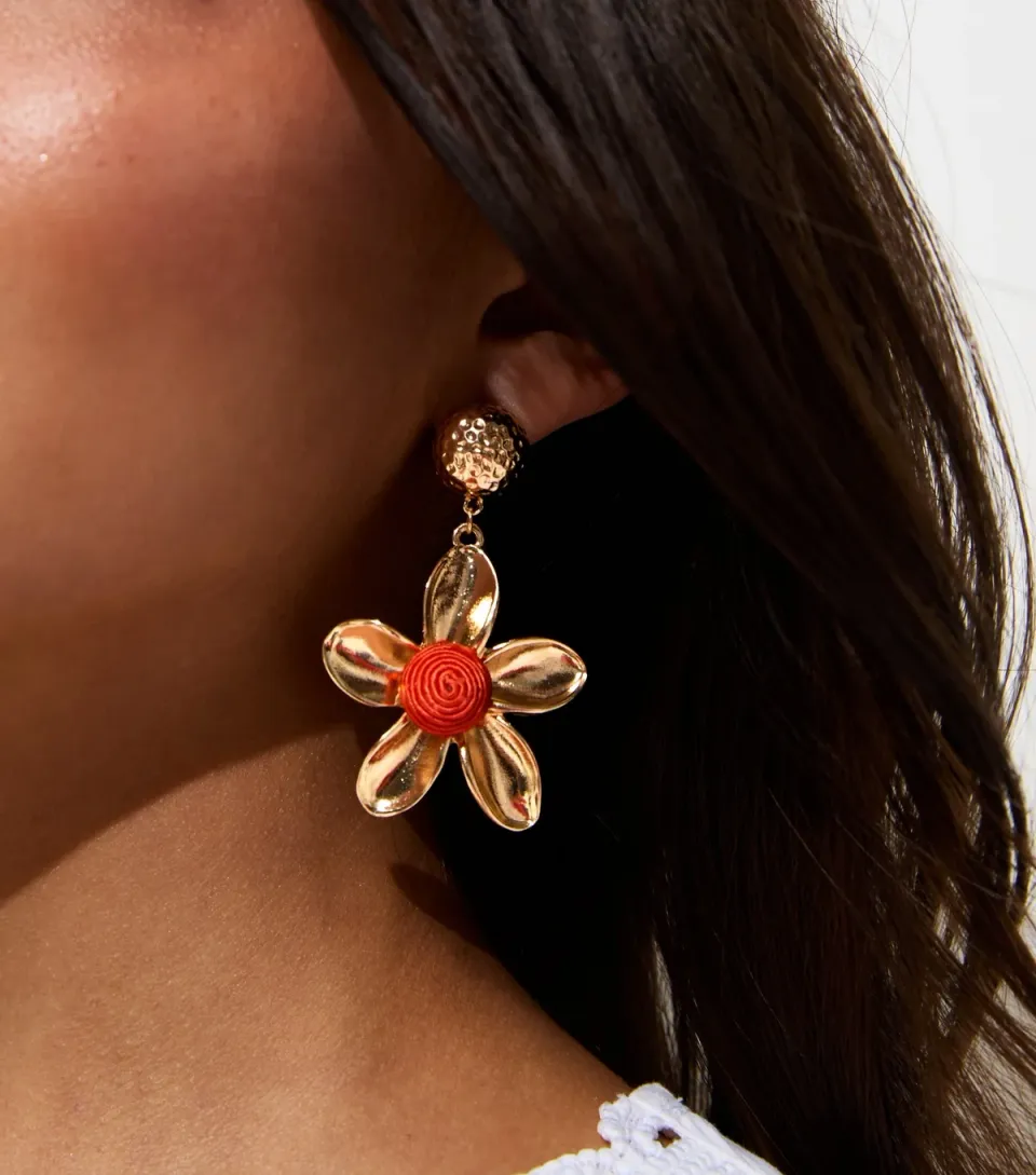 Gold Tone Orange Flower Drop Earrings