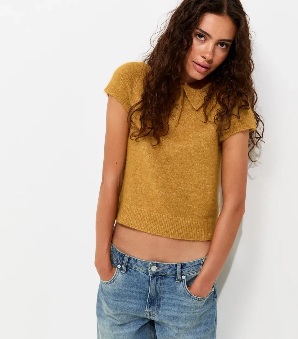 Women's Dark Yellow Brushed Knit Short Sleeve Polo Top