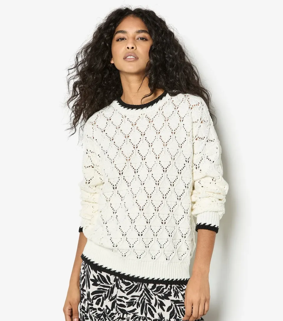 Women's White Open Knit Blanket Edge Jumper
