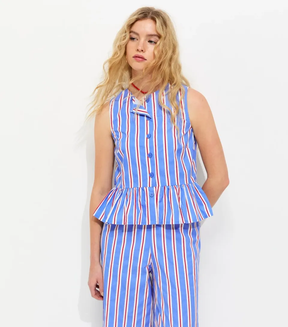 Women's Blue Striped Peplum Hem Button Front Top