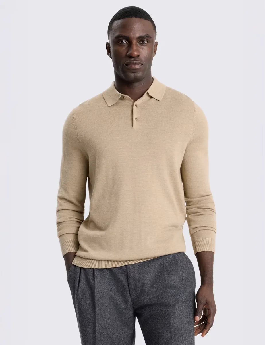 Merino Wool Rich Knitted Polo Shirt Camel