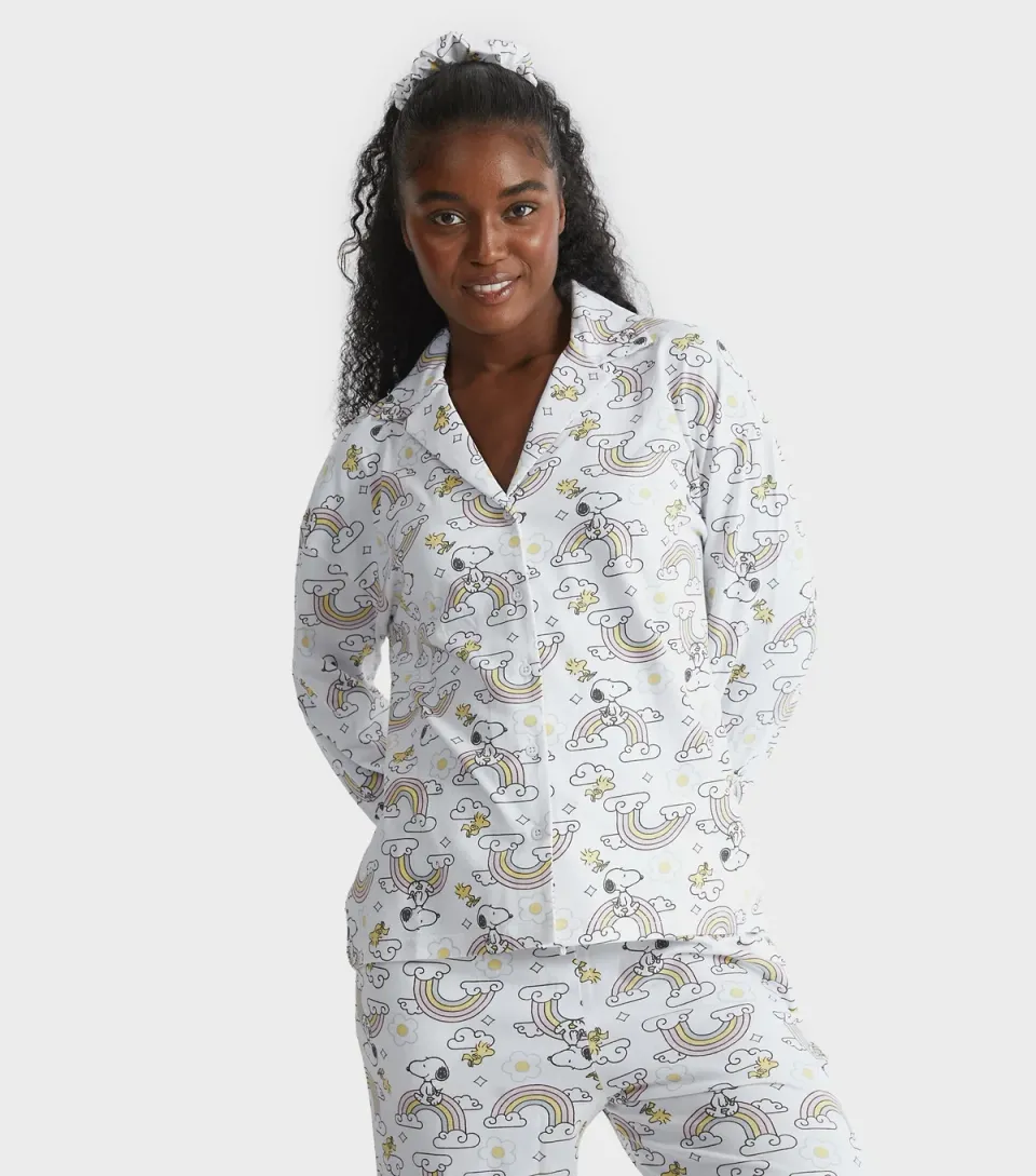 Women's Cream Snoopy Rainbow Print Shirt and Trousers Pyjama Set