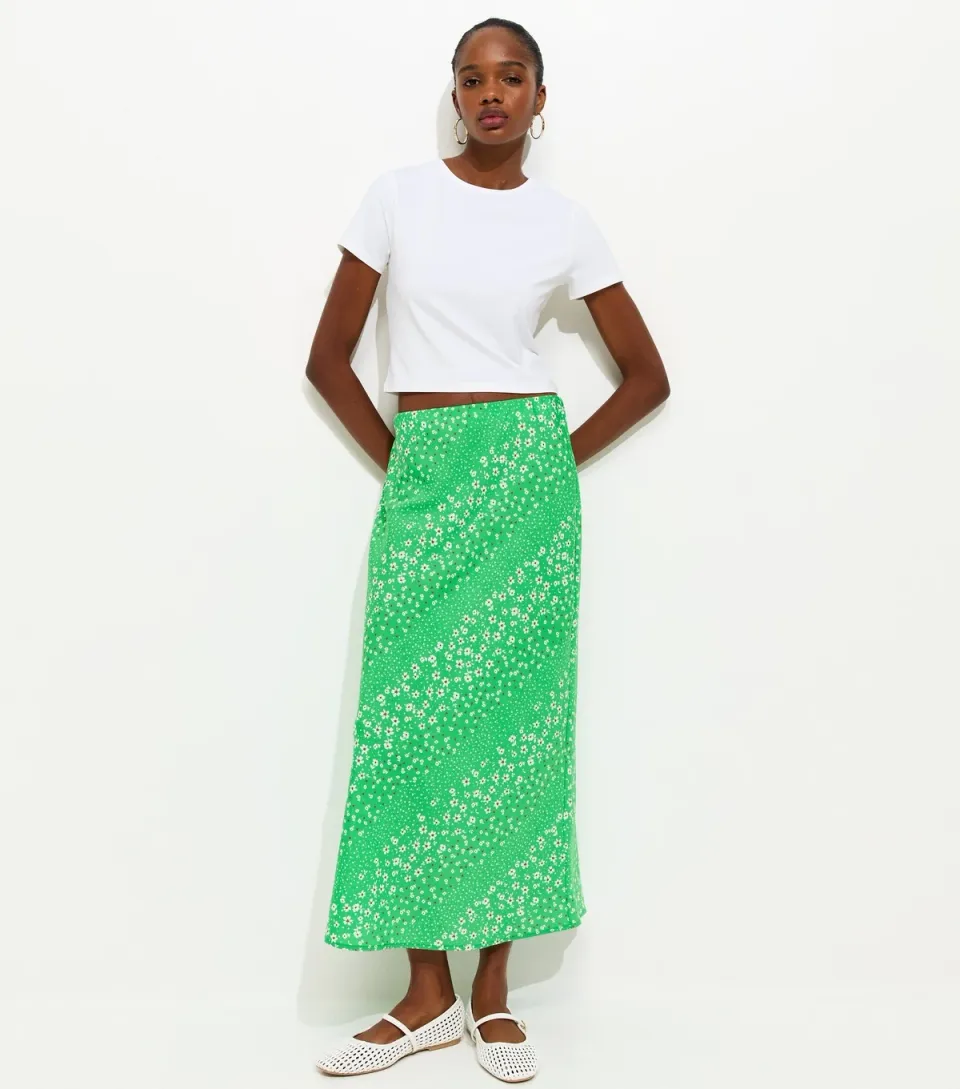 Women's Green Floral Print Crepe Bias Cut Midi Skirt