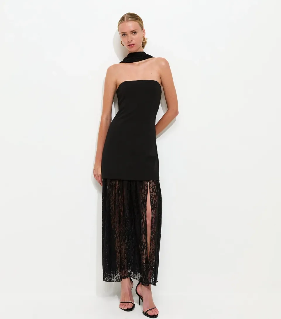 Women's Black Lace Bandeau Midi Dress with Scarf