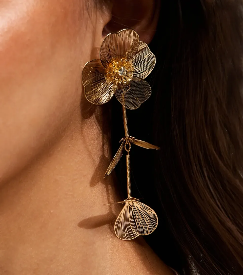 Gold Tone Sketchy Flower Drop Earrings