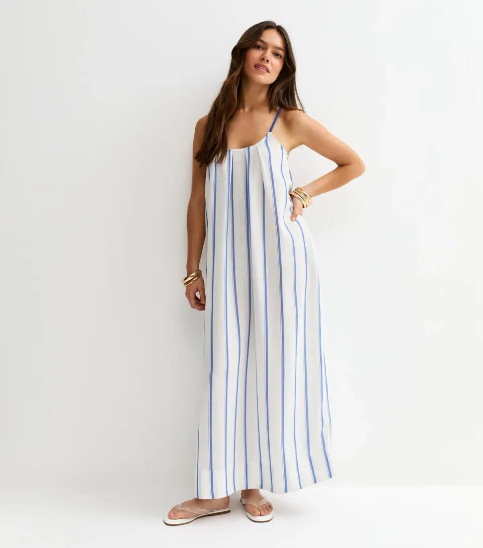 Women's Petite Blue Striped Maxi Dress