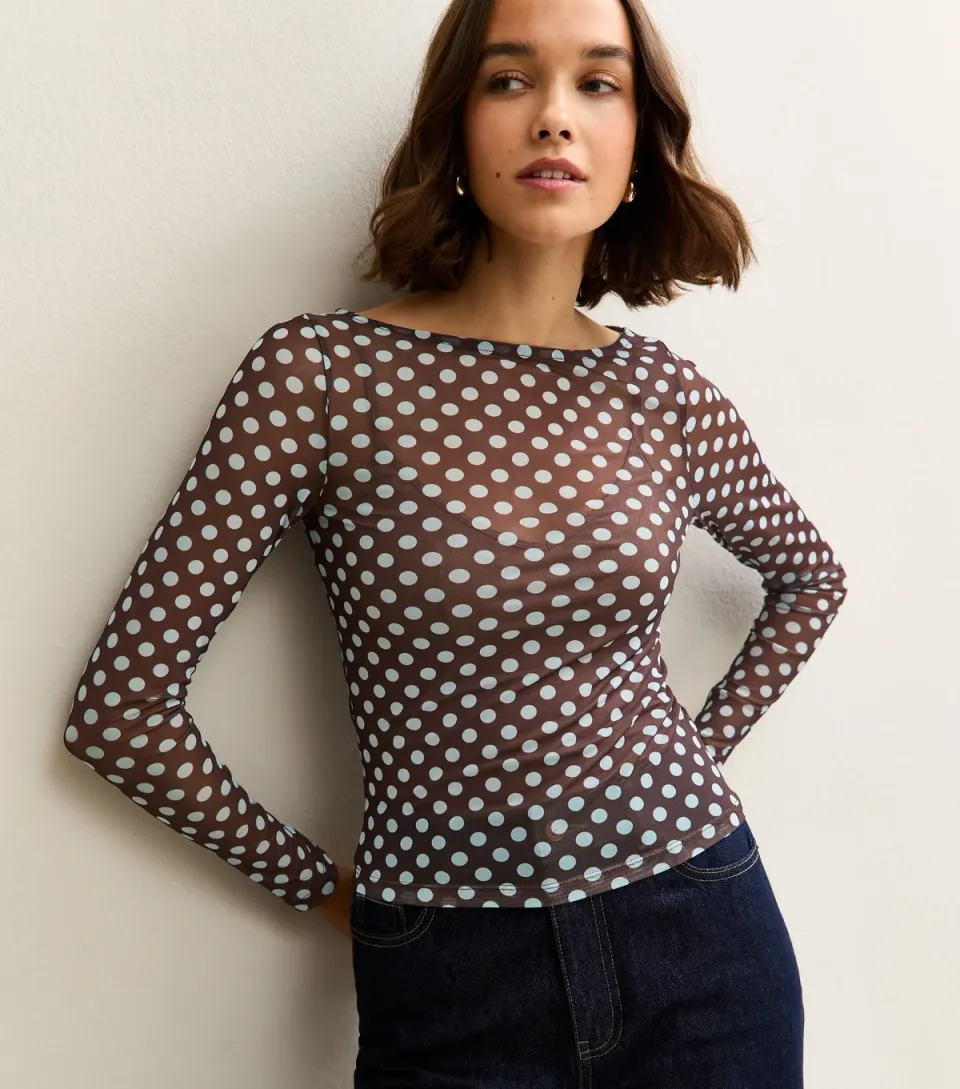 Women's Brown Polka Dot Long Sleeve Slash Neck Sheer Top