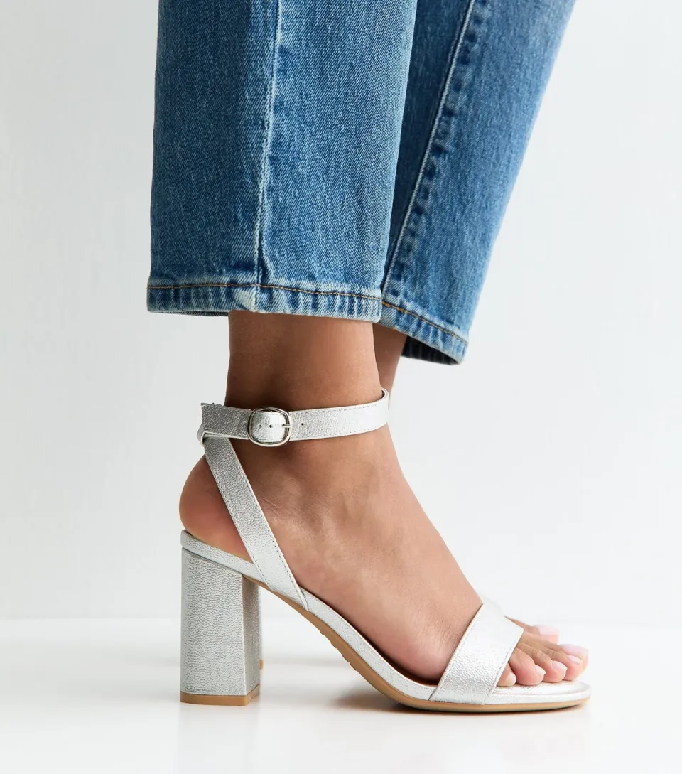 Women's Wide Fit Silver Single Strap Block Heel Sandals Vegan