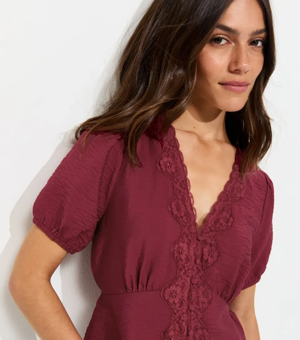 Women's Petite Dark Burgundy Lace Trim Faux Button Tea Blouse