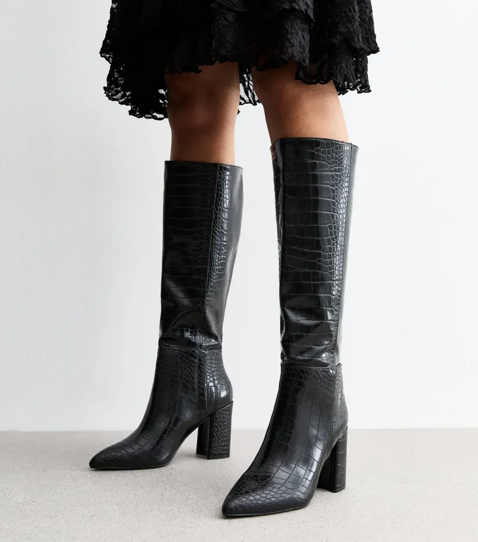 Women's Black Croc Effect Faux Leather Knee High Boots