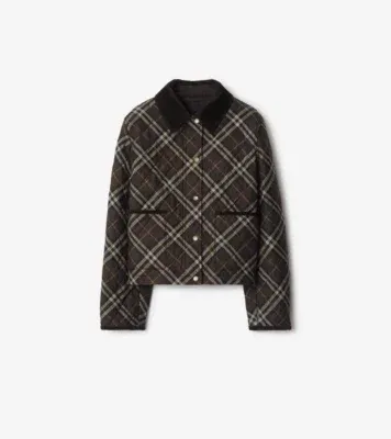 Cropped Check Quilted Cotton Jacket in Truffle brown