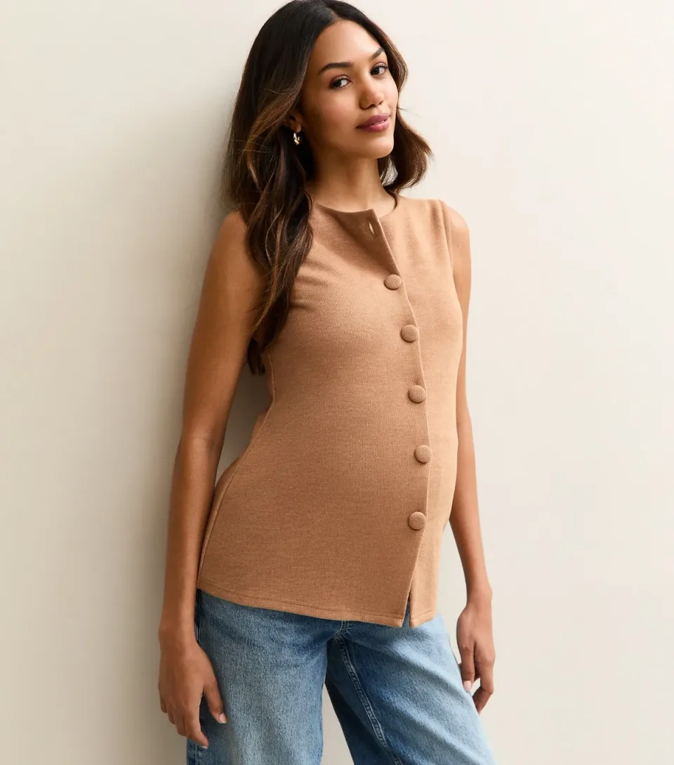 Women's Maternity Camel Compact Knit Split Waistcoat
