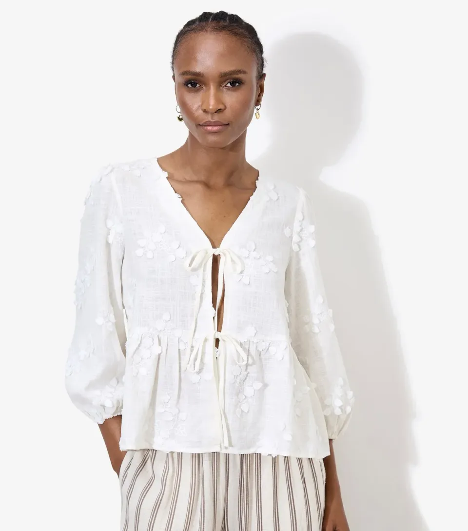 Women's White Floral Applique Tie Front Top