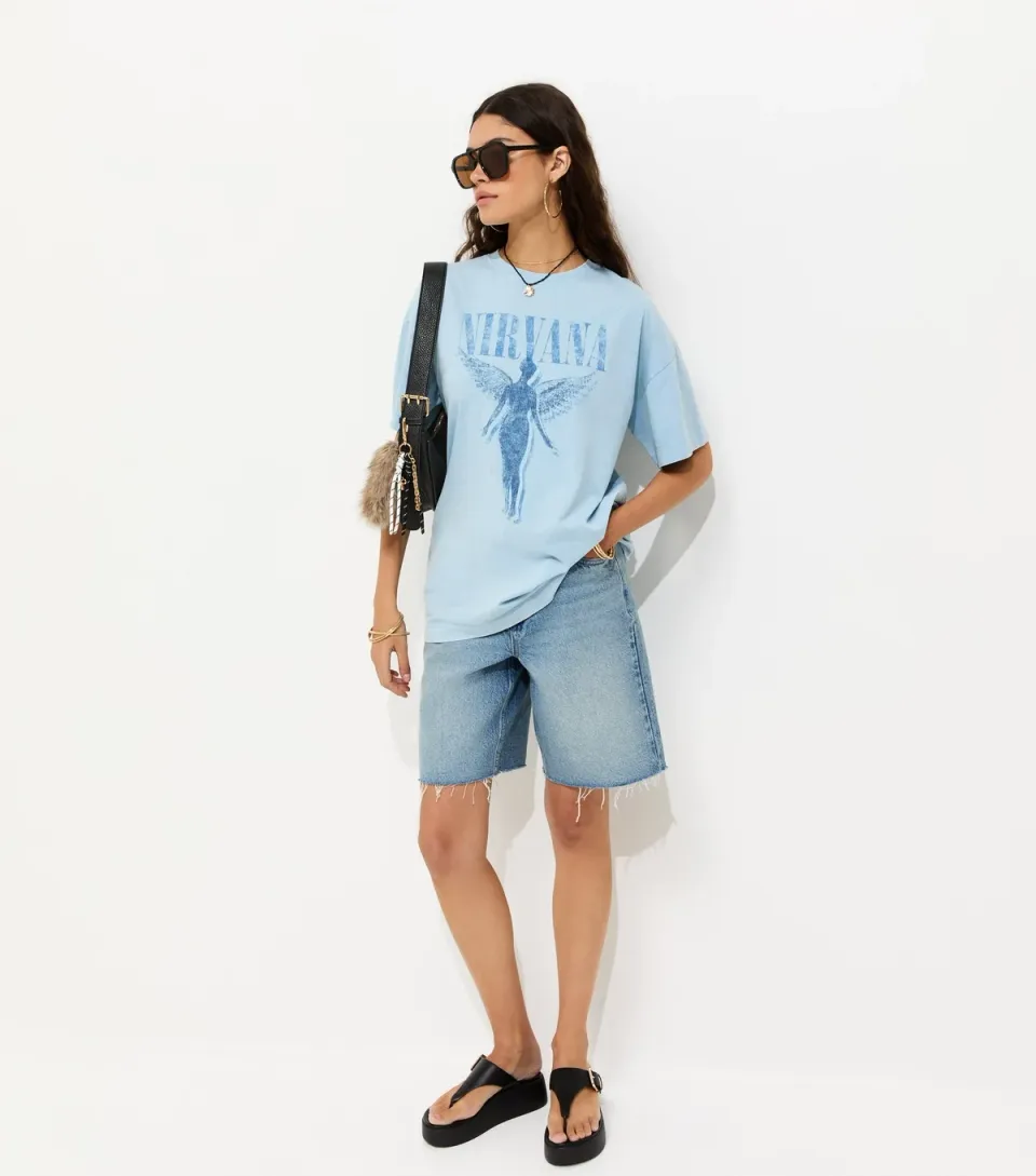 Women's Light Blue Cotton Nirvana Angel Oversized T-Shirt