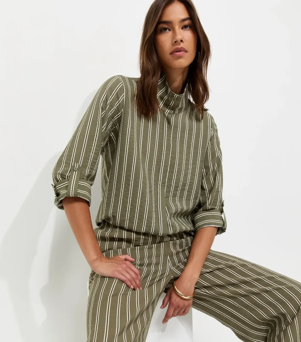 Women's Green Striped High Neck Bubble Hem Shirt