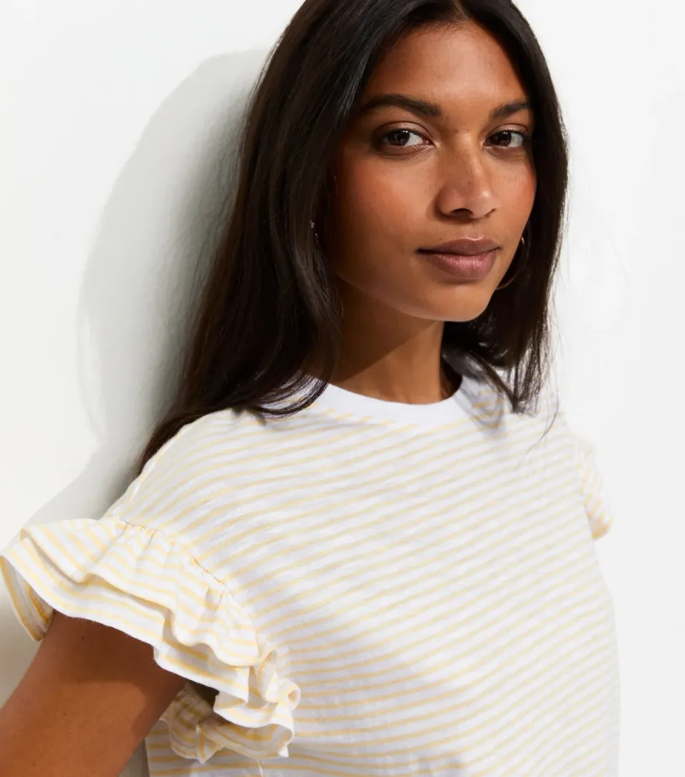 Women's Cream Cotton Slub Striped Frill Sleeve T-Shirt