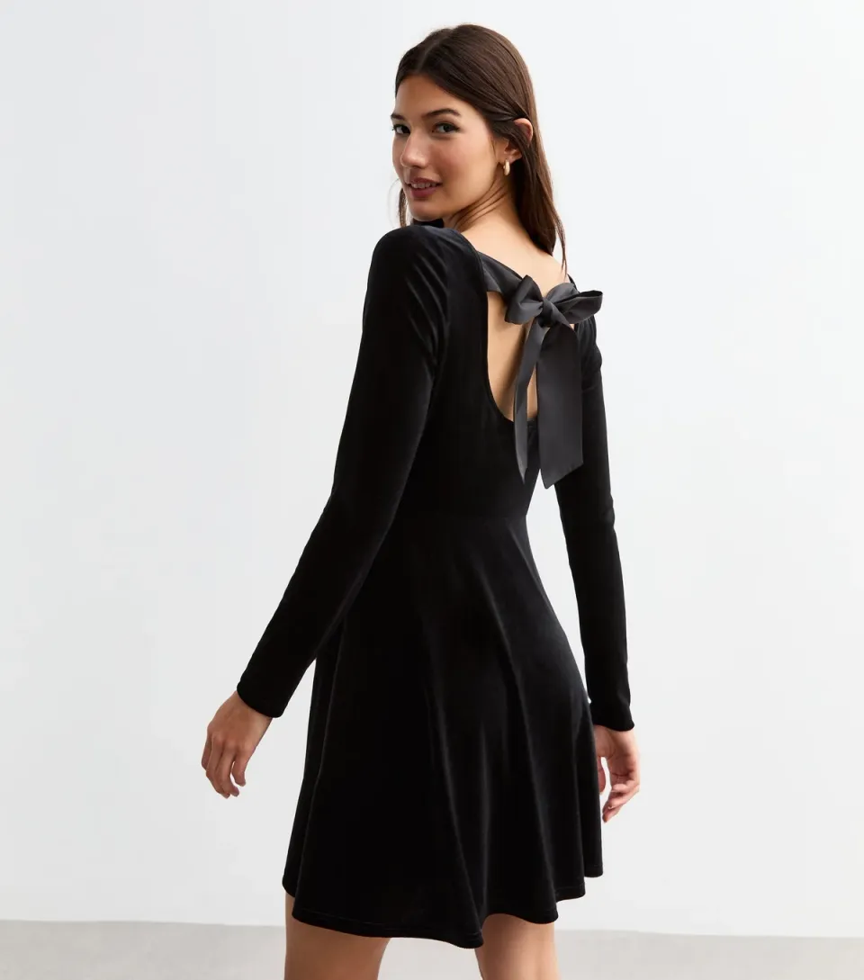 Women's Black Satin Bow Long Sleeve Velvet Mini Dress