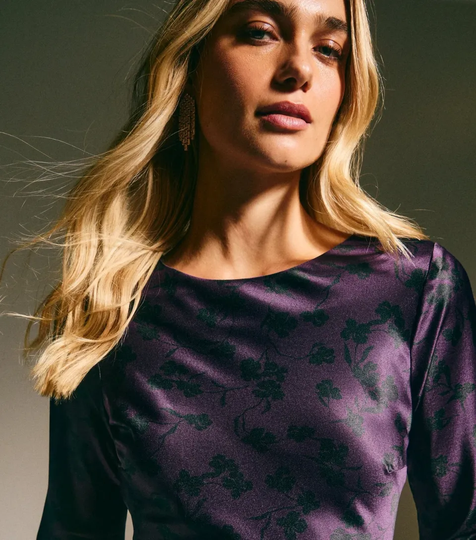 Women's Purple Floral Satin Cowl Back Maxi Dress