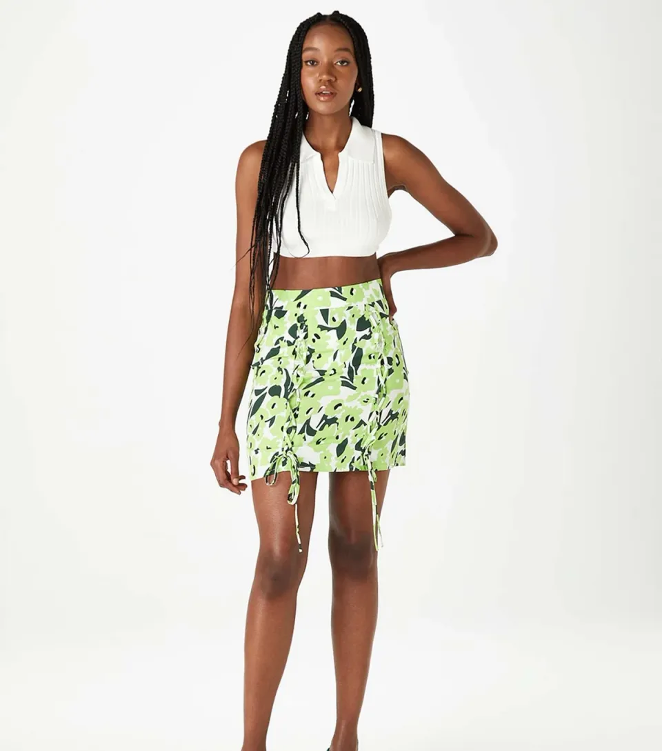 Women's Green Printed Lace Up Mini Skirt