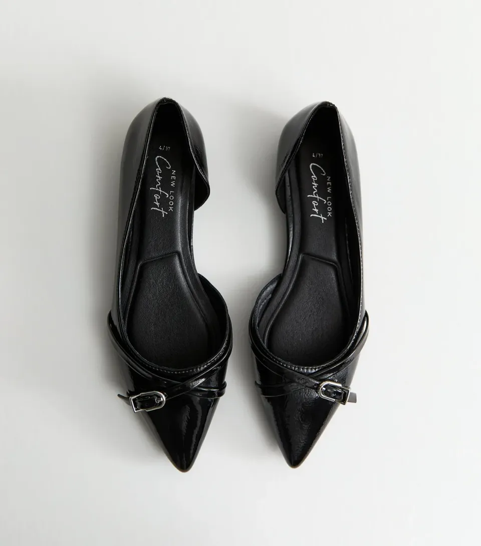 Women's Black Patent Faux Leather D'Orsay Buckle Detail Flats