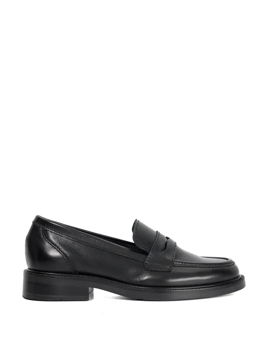 Leather Block Heel Penny Loafers Black